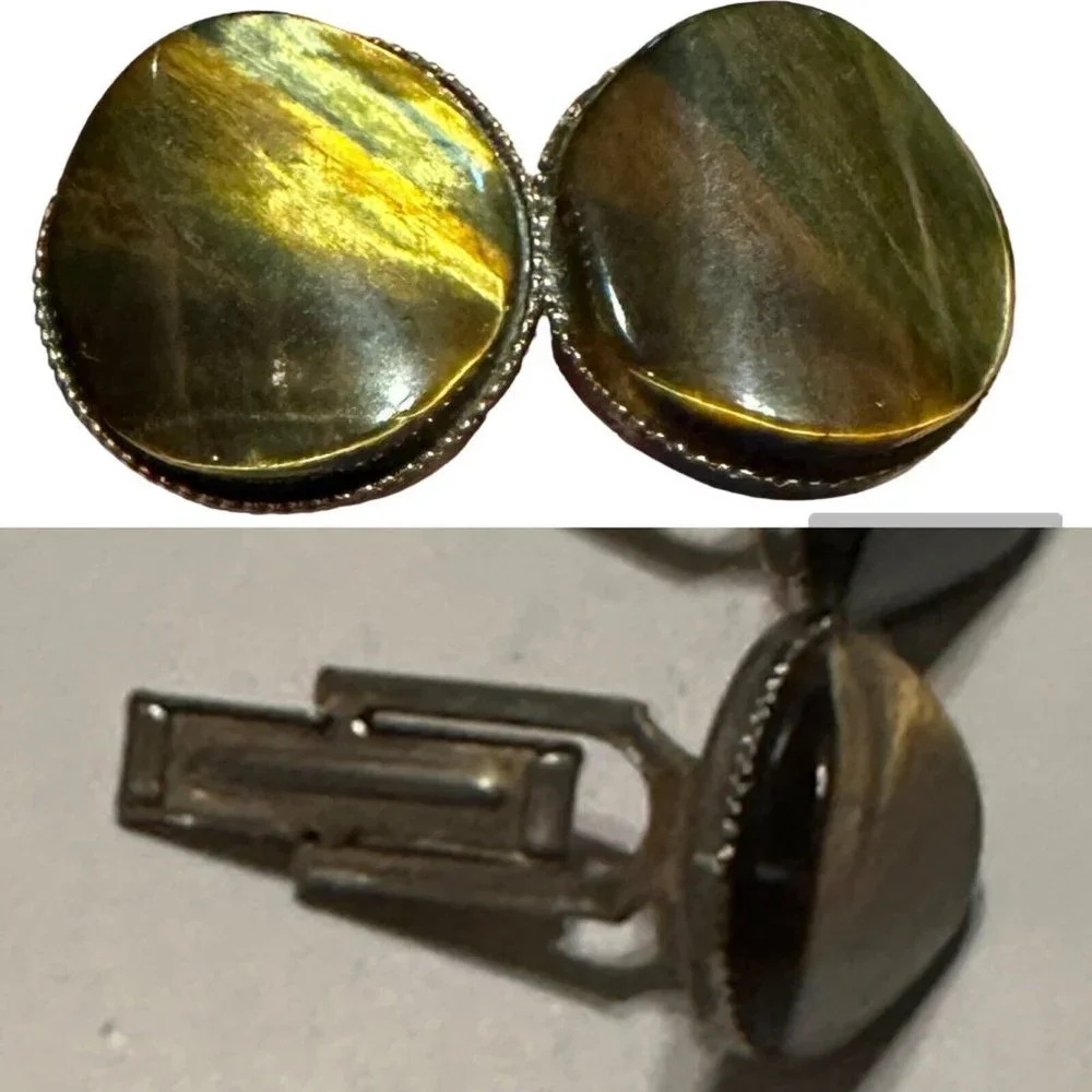 Vintage Tiger eye round saw tooth cut cufflink Formal Wedding Tux Strength